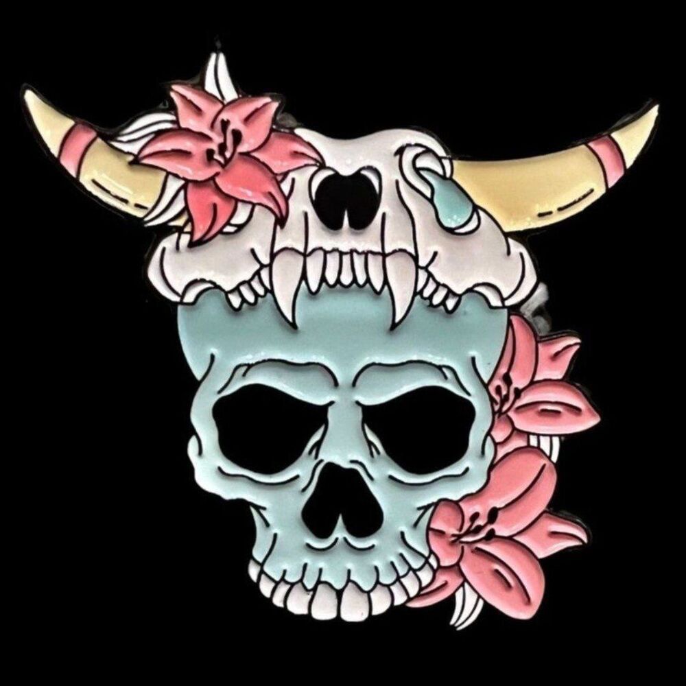 Western Cowboy Skull and Bone Steer Pink Baby Blue Enamel Pin